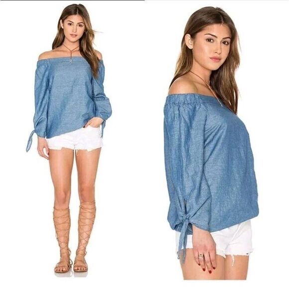 Free People‎ Show Some Shoulder Chambray Top Size Large NWT - Picture 1 of 10